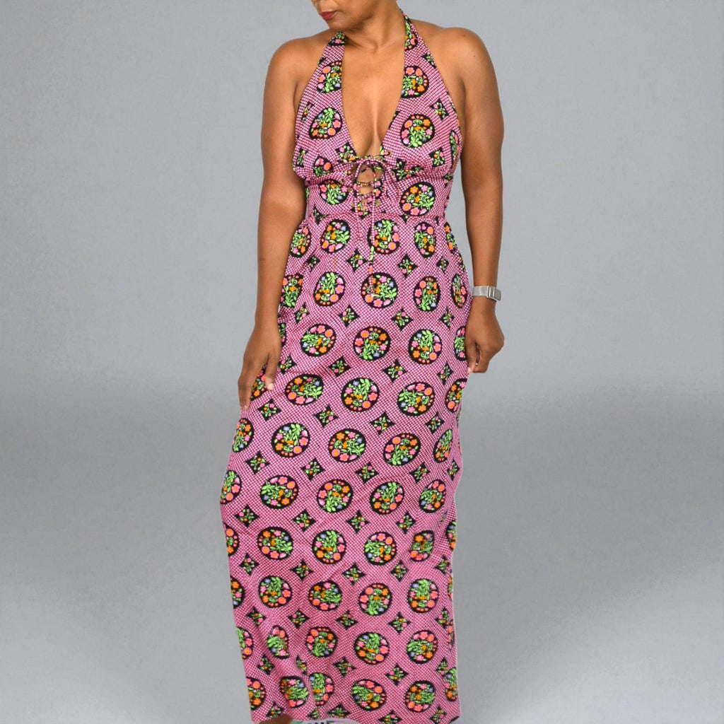 Vintage Beach Mates Halter Maxi Dress Pink Acrylic Floral Print Check Garden 70s Coverup Hippie Small