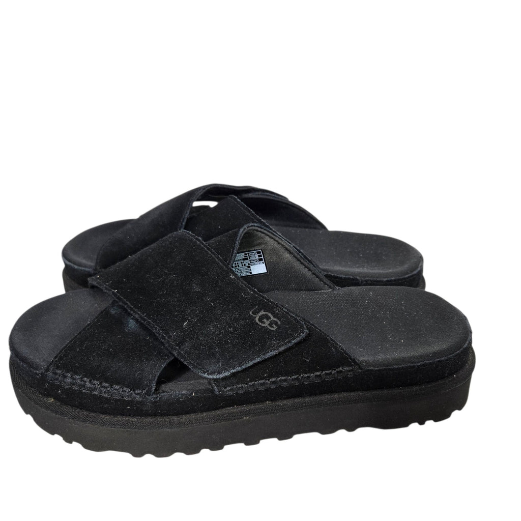Ugg Goldenstar Cross Slide Sandals Black Platform Open Toe Suede Chunky Lug Sole Flat Form Criss Cross 9