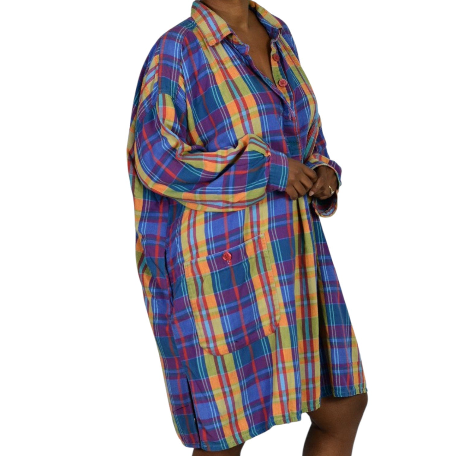 Bloomingdales Lingerie Vintage Nightshirt Blue Plaid Check Bloomies Shirtdress Button Front Dress Pockets Cotton Oversized One Size