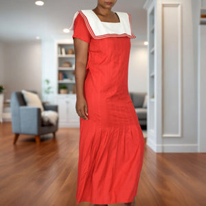 Vintage Sarah Elizabeth Sailor Collar Maxi Dress Red White Nautical Rayon Column Pleated Retro Flapper Medium