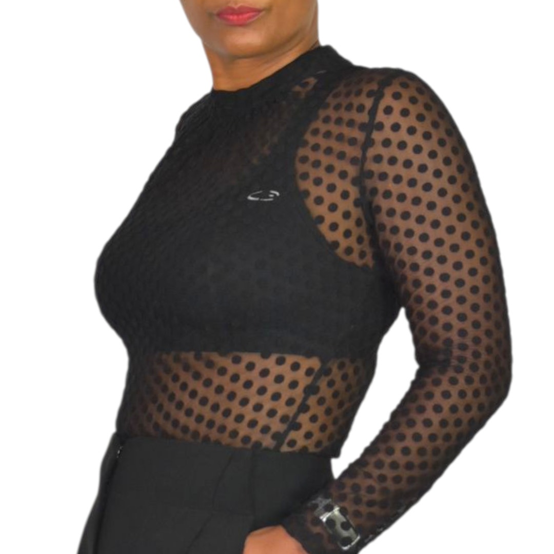 Windsor Sheer Bodysuit Black Flocked Polka Dot Mock Mesh Neck Long Sleeves Top Small