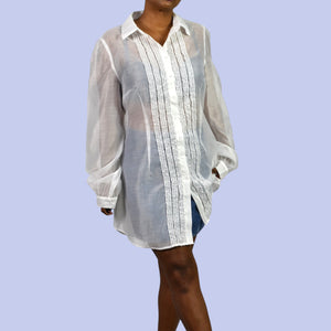 Sugar Thrillz Totally Paused Sheer Top Ruffles Collared Long Button Front Tuxedo Shirt Blouse XXL