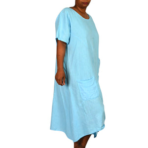 Fenella Linen Dress Blue Crinkled Lagenlook Ruched Pockets Italian Asymmetric Pockets One Size S M L XL
