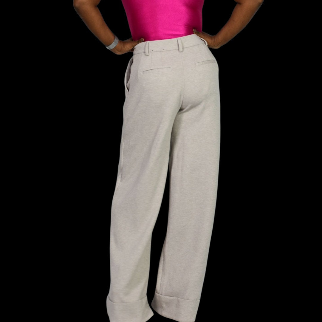 Express Stylist High Rise Pleated Wide Leg Trousers Beige Heather Knit Cuffed Pants 2 Long 2L