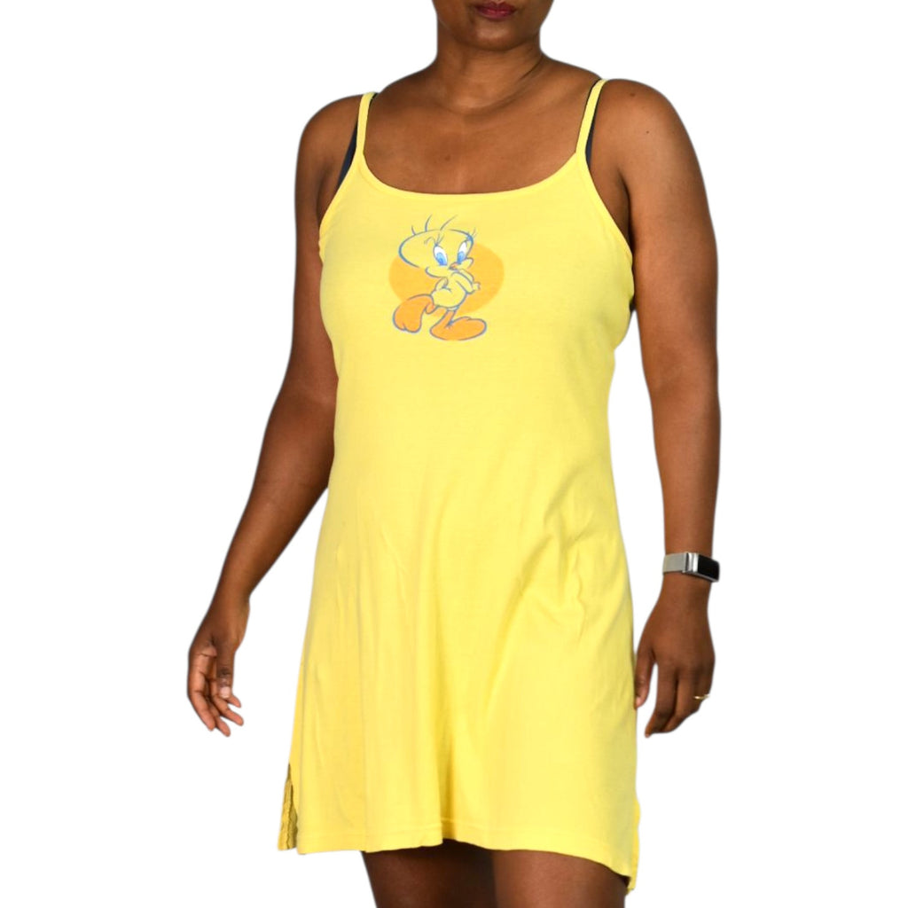 Warner Bros Y2K Tweety Dress Yellow Cotton Jersey Knit Side Slits Retro Mini Tank Graphic 2000s XS
