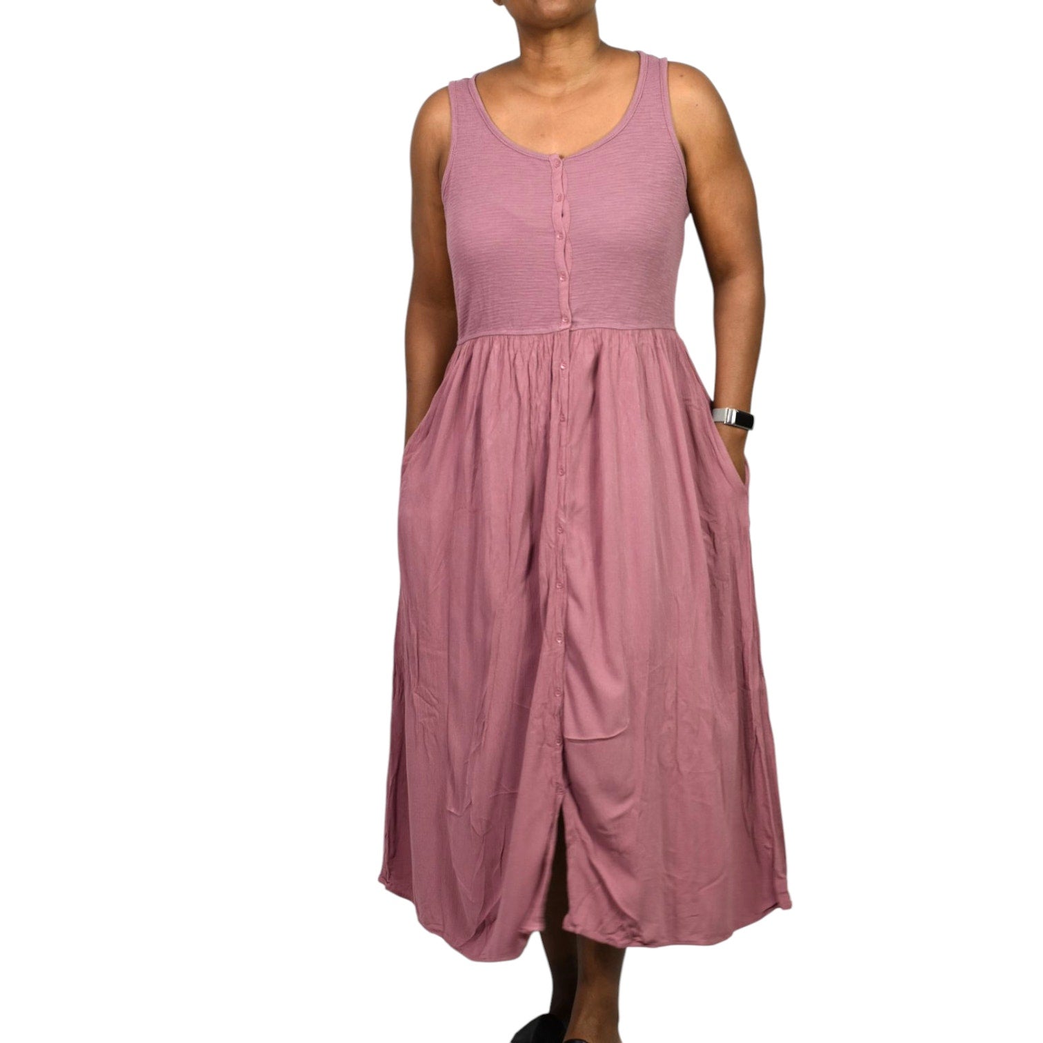 Frye Easy Button Front Dress Pink Mauve Minimalist Tank Jersey Knit Pockets Rayon Medium