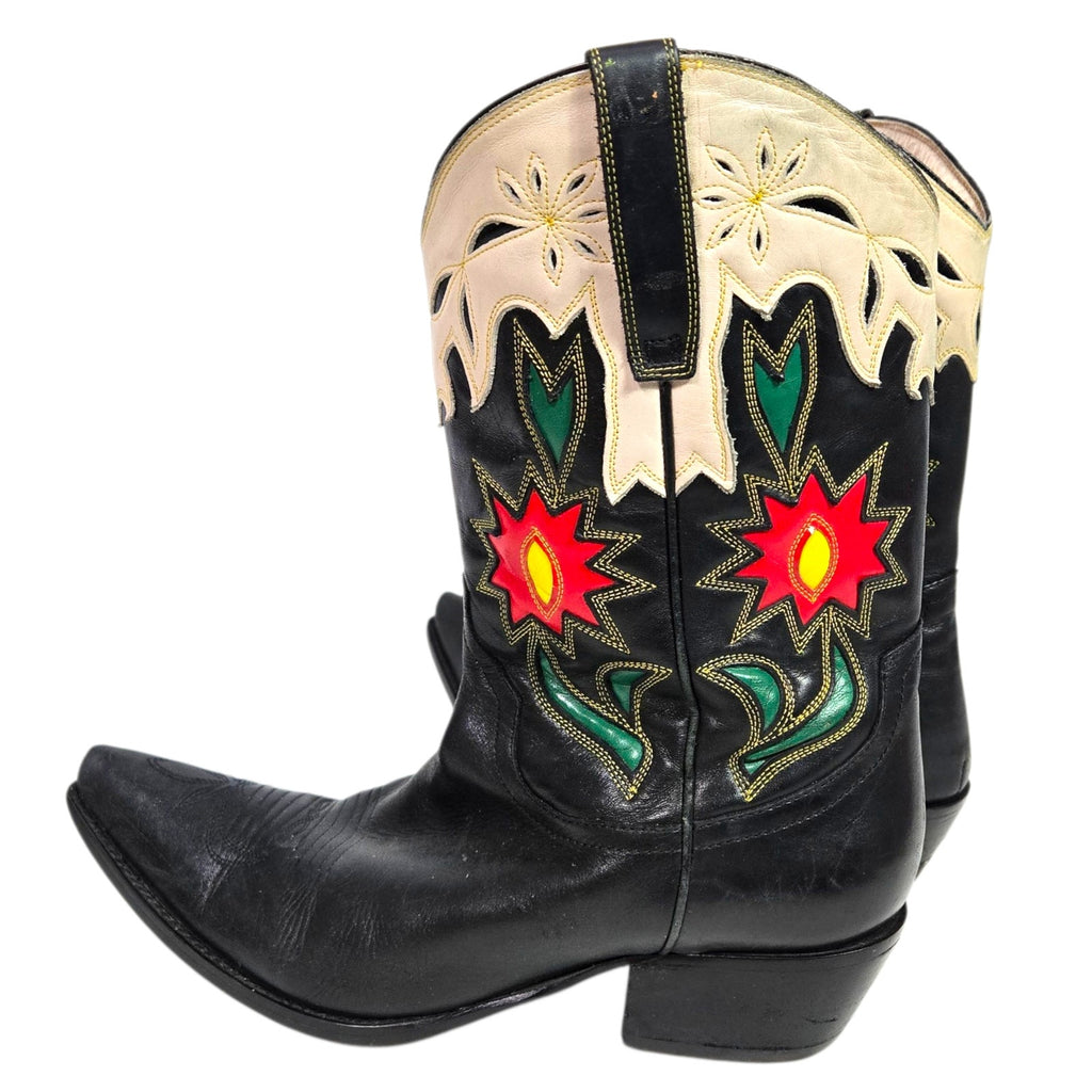 Vintage Cowboy Boots Floral Inlay Black Leather Guess Marciano Posh Applique Western Cowgirl 8