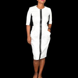 Proenza Schouler Zip Front Dress White Black Cotton Zip Front  Pockets Sheath Shirtdress Size 8