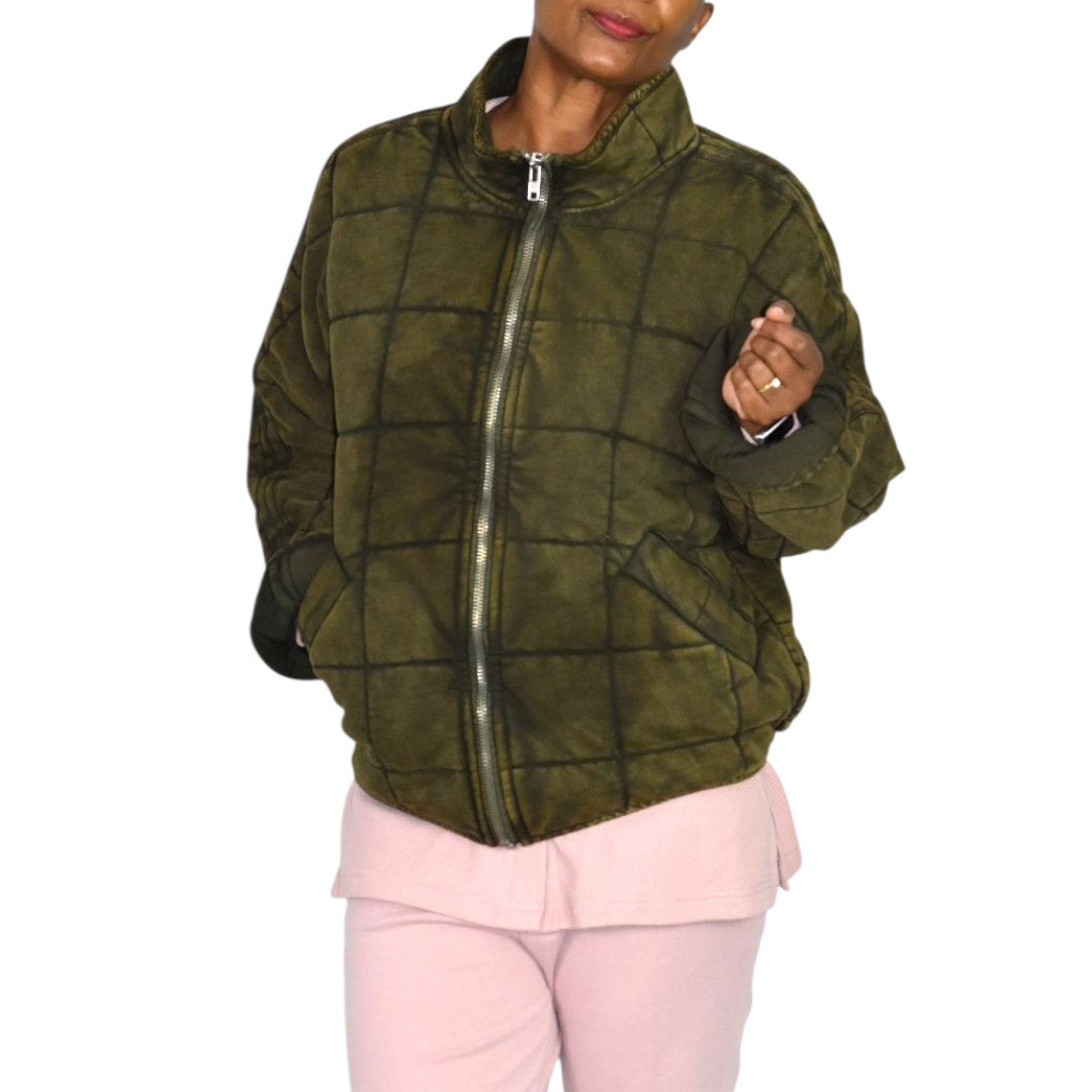 Free People Dolman Quilted Knit Jacket Green Olive Bomber Oversized Cotton Coat XS