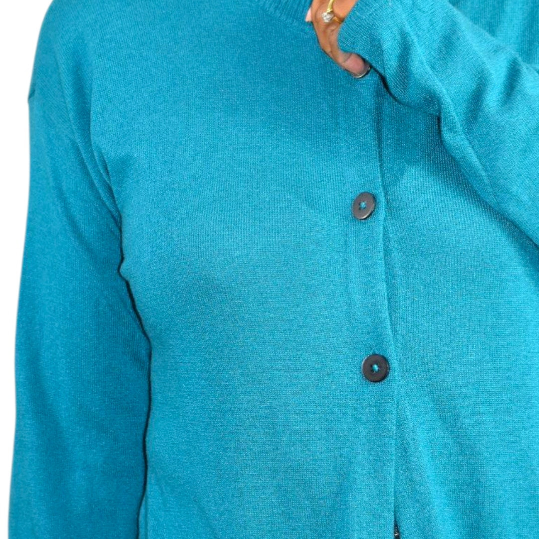 J Jill Longline Cardigan Sweater Green Teal Blue Long Duster Knit Classic Medium