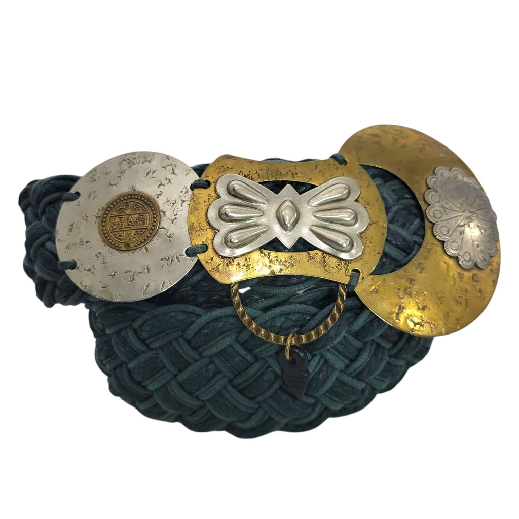 Baer SF Braided Belt Green Leather Mixed Embellished Media Metals Discs Arty Bohemian Handmade
