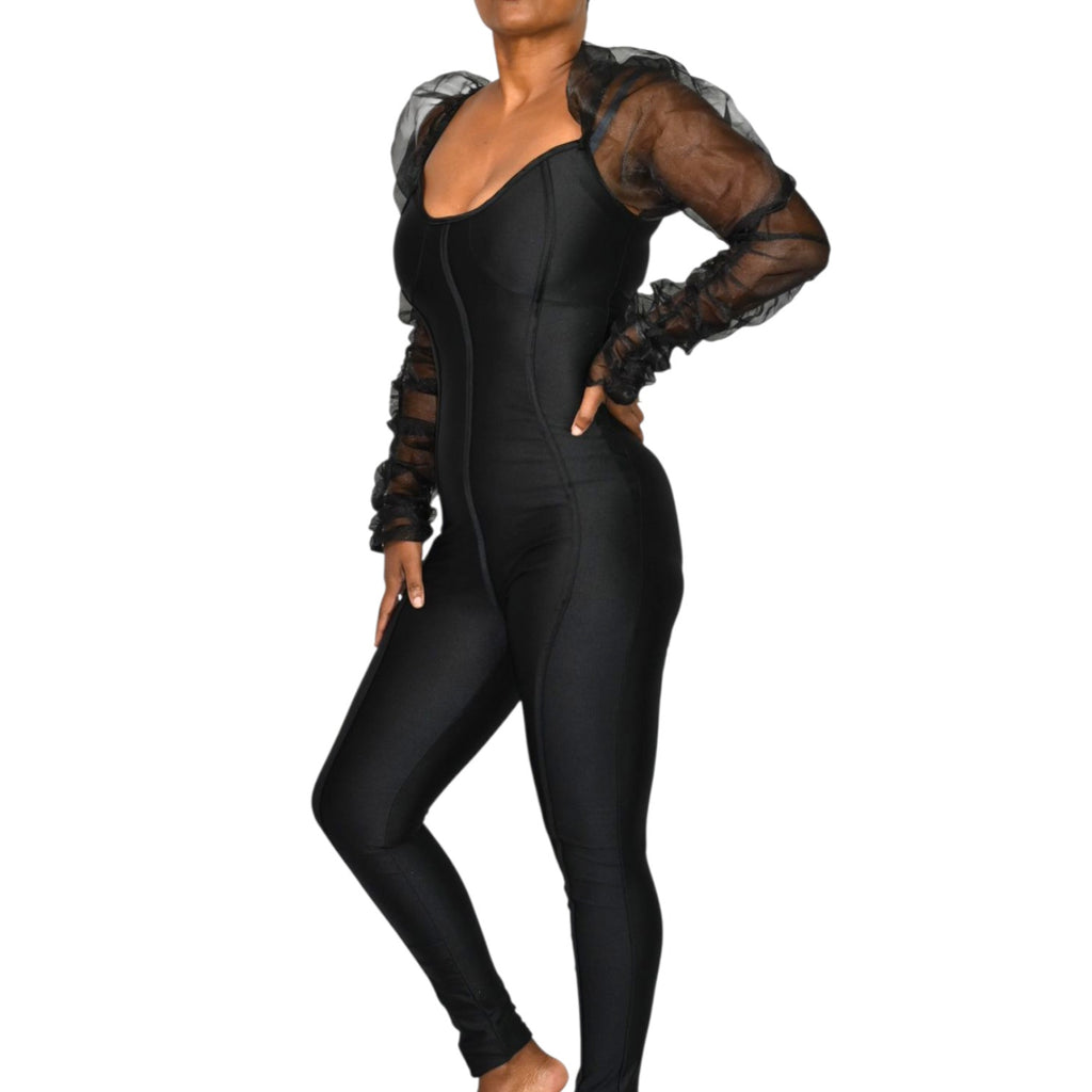 Lips Inc USA Jumpsuit Black Mesh Sheer Chiffon Puff Long Sleeve Bustier Bodysuit Small