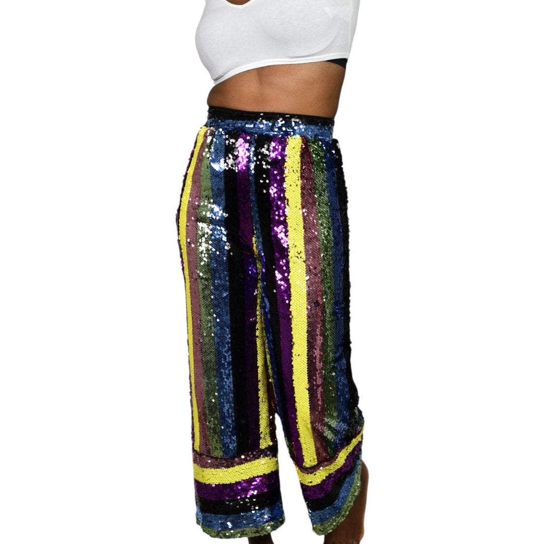 Fashion Nova Sequin Pants Rainbow Stripe Multicolor Cropped Wide Leg Colorblock Small