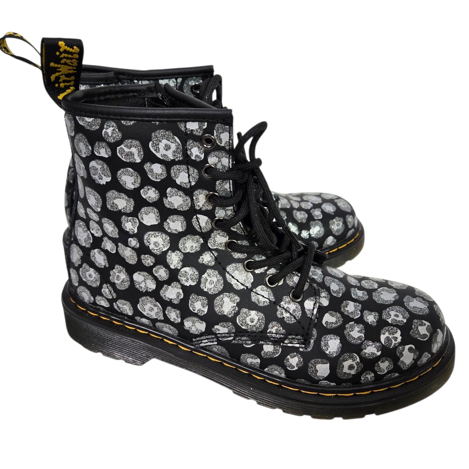 Dr Martens Junior Leopard Hydro Combat Boots Black Skulls Metallic Leather Ankle Girls 4