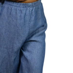 Show Me Your Mumu Explorer Pants Blue Chambray Flare Wide Leg High Waist Pull On Small