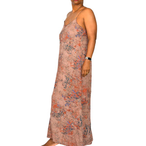 Hinge Slip Dress Brown Print Maxi Rayon Sundress Spaghetti Straps Lounge Tent Flowy Simple Small