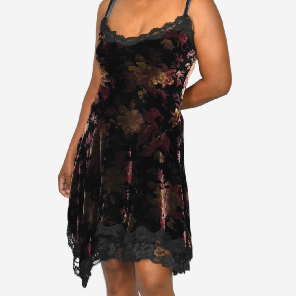 Betsey Johnson Floral Slip Dress Black Velvet Asymmetric Hem Pixie Lace Festival Sheer Y2K Vintage Black Label Size Small