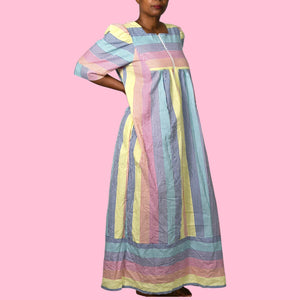Vintage Saybury Rainbow Stripe Dress Pink Seersucker Sundress Long Patio House Sack Housecoat Muumuu Large