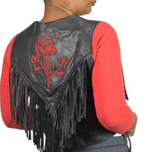 Vintage Hot Leathers Biker Rose Fringe Vest Black Leather Laced Retro Embroidery Moto Large