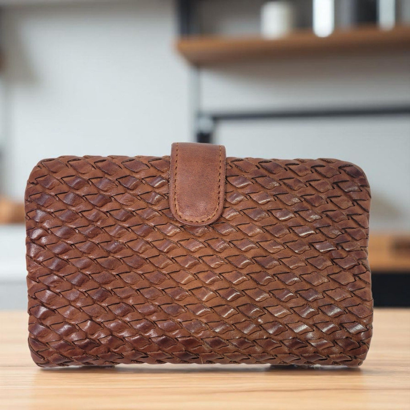 Vilenca Holland Wallet Brown Cognac Leather Woven Soft Pocket Slots Basketweave Billfold Bifold