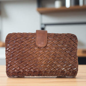 Vilenca Holland Wallet Brown Cognac Leather Woven Soft Pocket Slots Basketweave Billfold Bifold