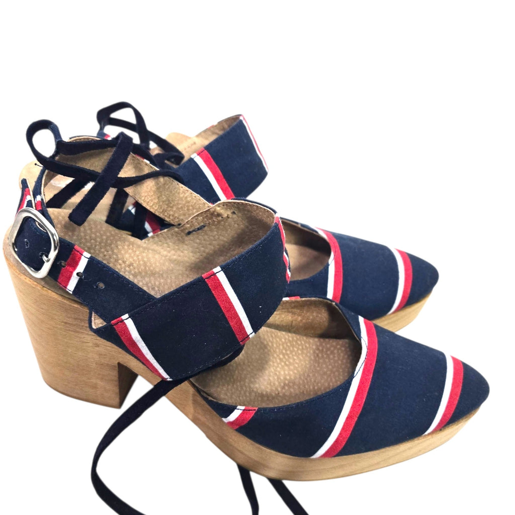 Free People Monaco Clogs Blue Navy Stripe Wrap Chunky Platform Wooden Heels 38 7.5