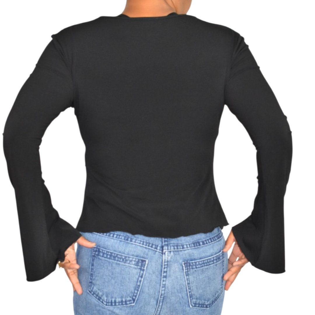 Vintage Ludmilla Paris Bell Sleeve Top Black Velvet Sparkle Y2K France Patchwork Small