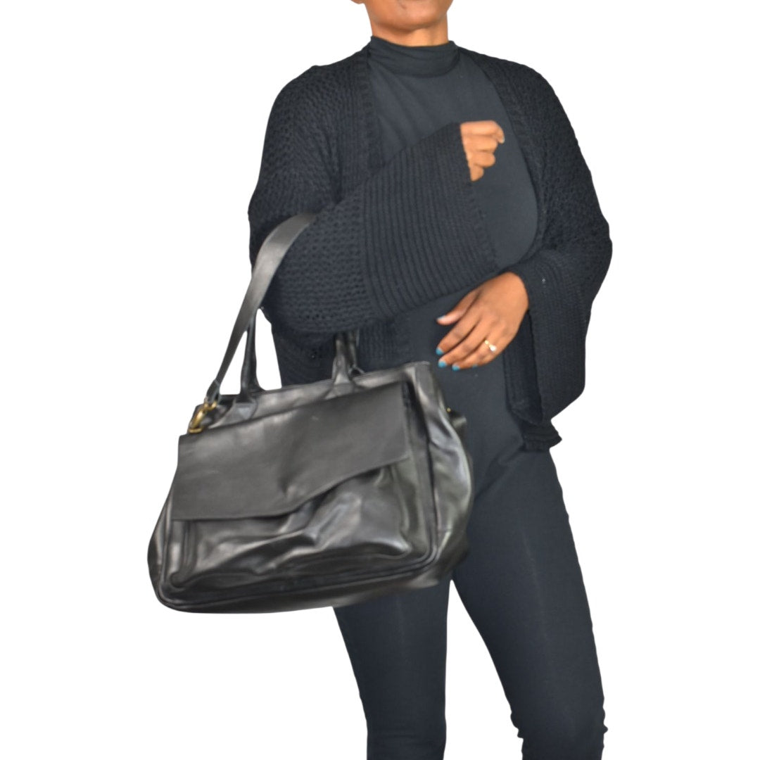 CORSIA Leather Tote Bag Satchel Black Italy Crossbody Strap Handles Carryall Structured