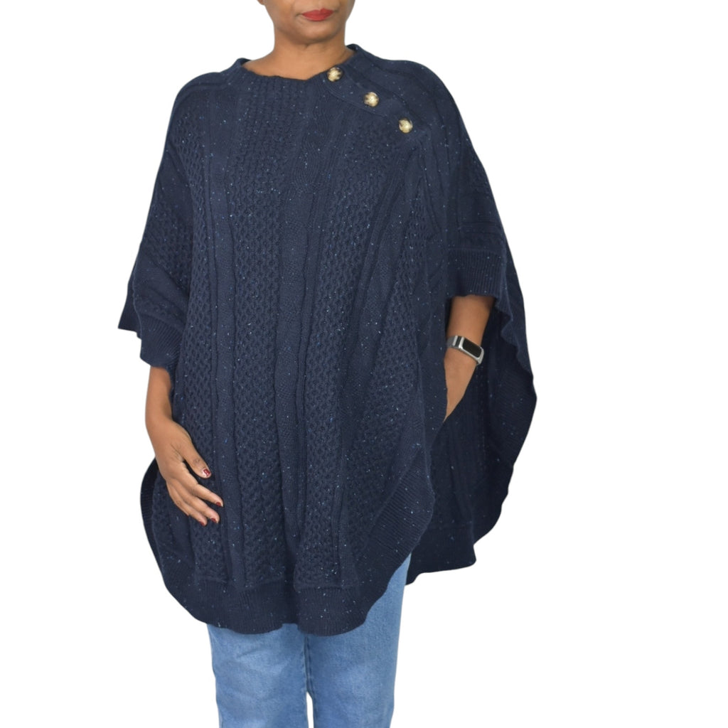 Talbots Cable Knit Sweater Cape Blue Navy Wool Cotton Blend Poncho Light Layer Pullover Large