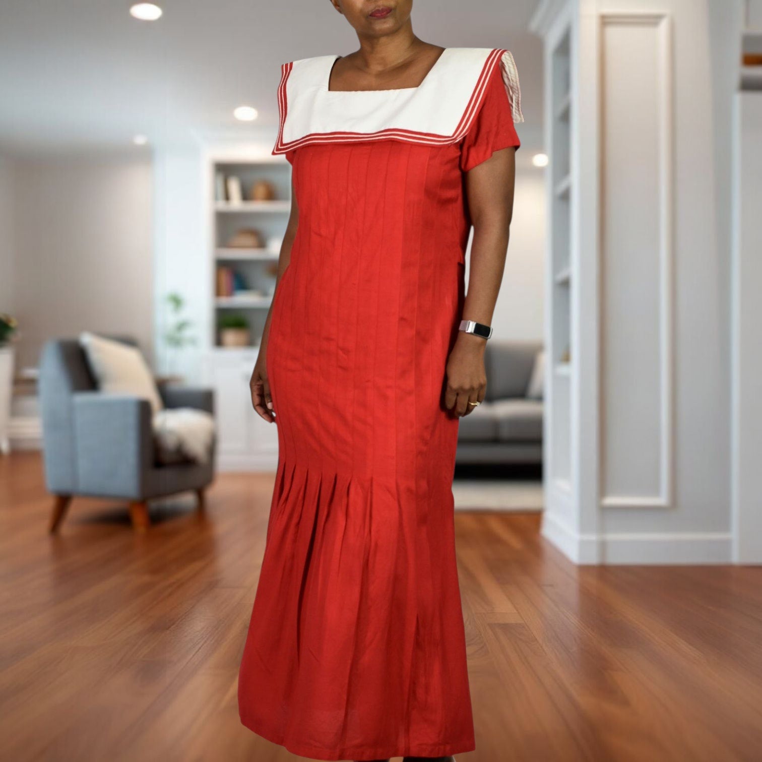 Vintage Sarah Elizabeth Sailor Collar Maxi Dress Red White Nautical Rayon Column Pleated Retro Flapper Medium