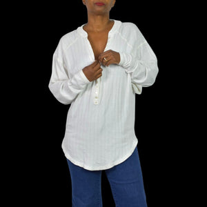 Free People Coffee Chat Pullover Top White Henley Tunic Pointelle Knit Ribbed Oversized Medium