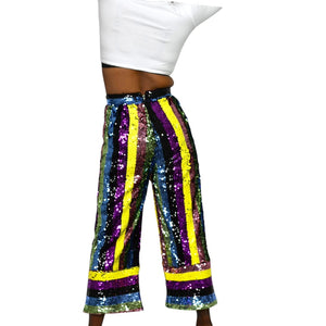 Fashion Nova Sequin Pants Rainbow Stripe Multicolor Cropped Wide Leg Colorblock Small