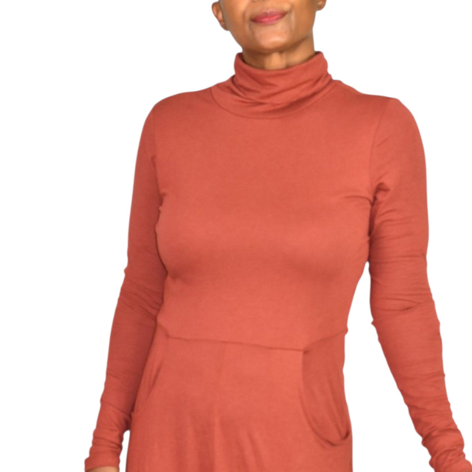 Peruvian Connection Haley Turtleneck Dress Burnt Sierra Orange Cotton Modal Midi Jersey Long Sleeve Stretch Small