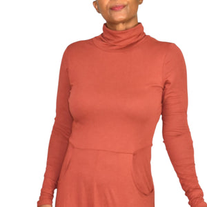 Peruvian Connection Haley Turtleneck Dress Burnt Sierra Orange Cotton Modal Midi Jersey Long Sleeve Stretch Small
