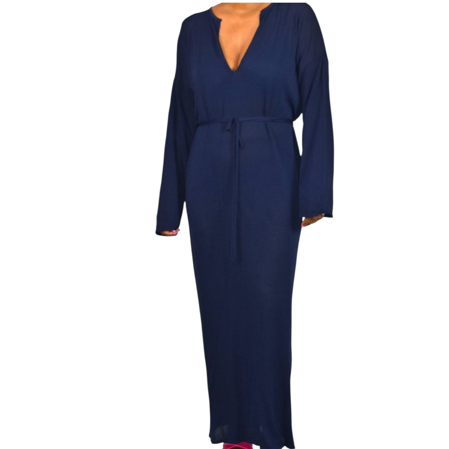 Zara Knit Maxi Dress Blue Navy Sheer V Neck Oversized Belted Caftan Long Viscose Casual Medium