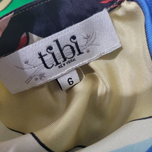 TIBI Silk Printed Tunic Yellow Colorful Peacock Jeweled Studded Blue Cutouts Birds 6