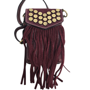 Firenze Bella Fringe Leather Bag Red Burgundy Studded Crossbody Pouch Adjustable Compact