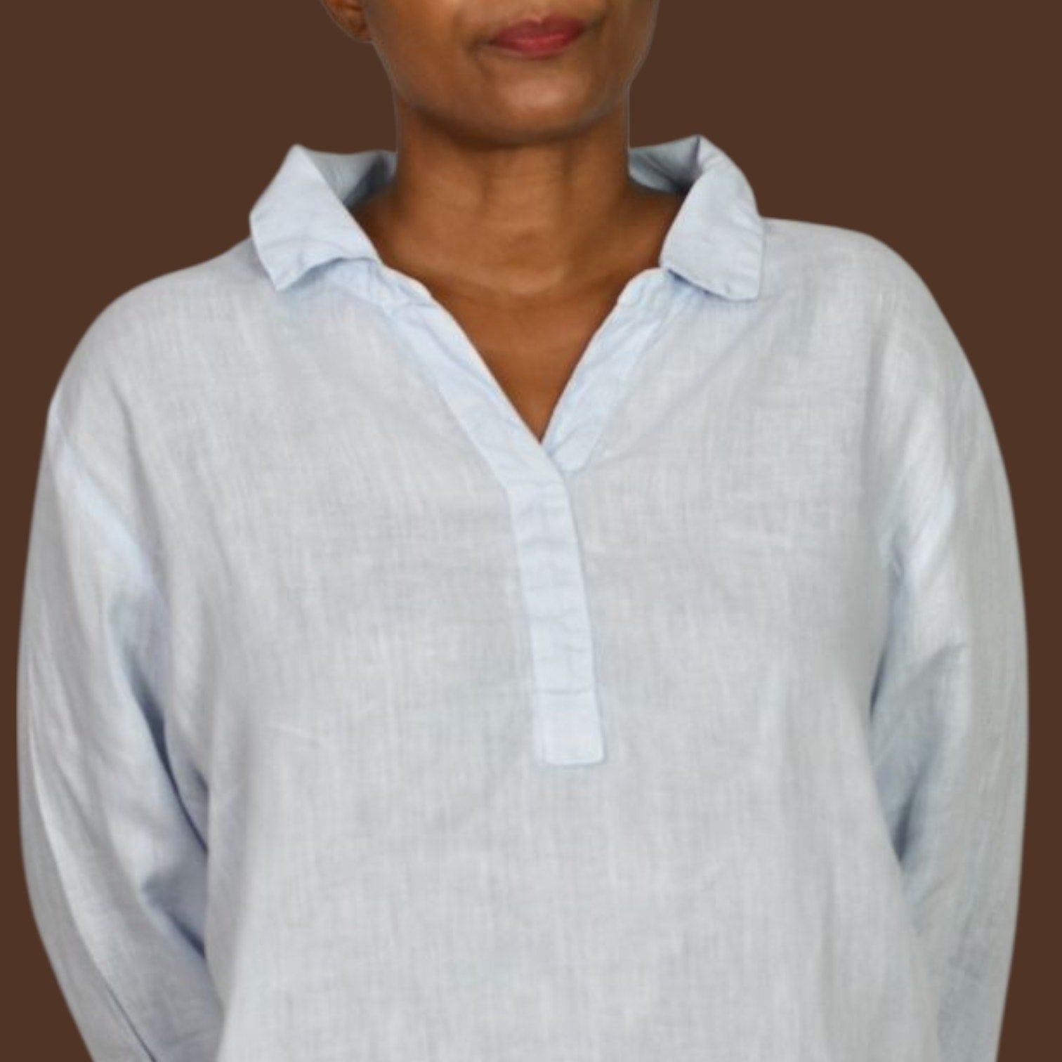 Match Point Linen Tunic Light Blue Collared V Neck Long Sleeve Popover Shirt XL