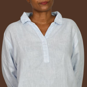 Match Point Linen Tunic Light Blue Collared V Neck Long Sleeve Popover Shirt XL
