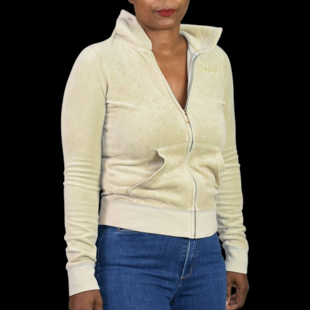 Juicy Couture Velour Hoodie Beige Zip Front Y2K Jacket Leopard Diamond Airbrush Logo Small