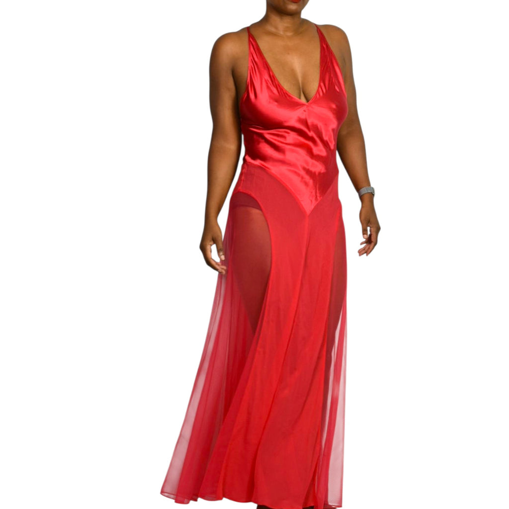 Victorias Secret Red Silk Nightgown Satin Sheer Tulle Chiffon Long Maxi Slip XS