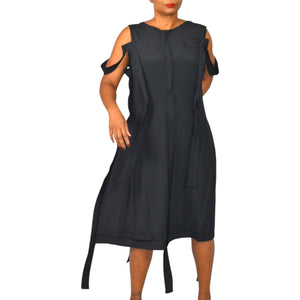 MeimeiJ Draped Dress Black Cutout Cold Shoulder Strappy Silk Blend Midi Wearable Art 8