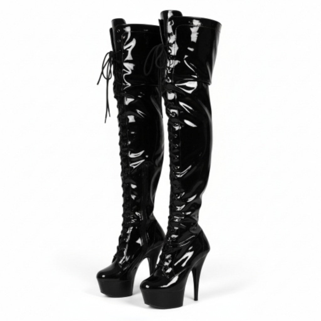 Pleaser Delight 3023 Platform Stiletto Boots Black Patent Leather Thigh High OTK Heels 8