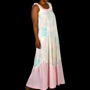 Vintage Hilda Hawaii Dress Pink Pastel Hawaiian Floral Maxi Tiered Eyelet Muumuu Small