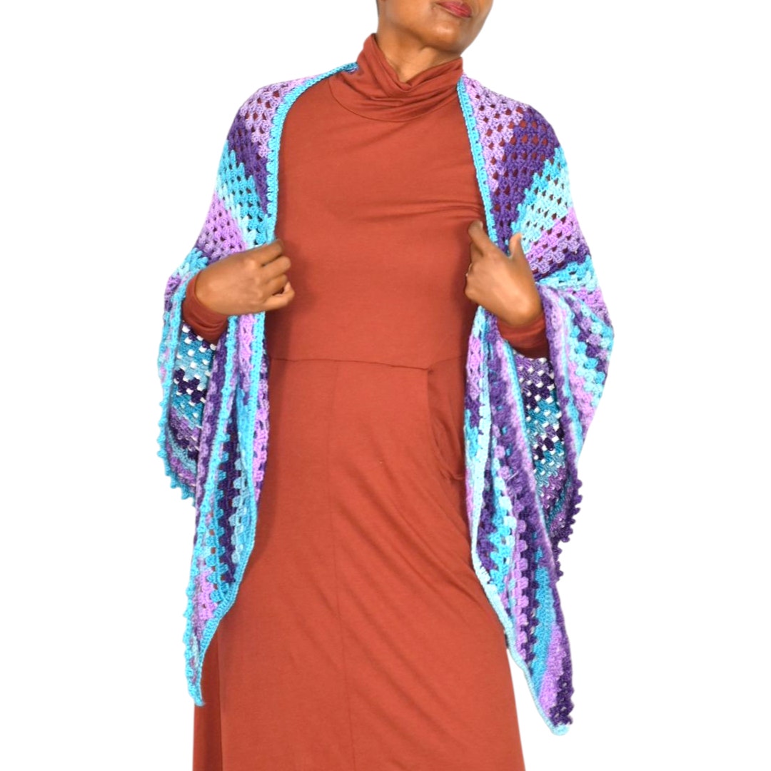 Hand Knit Crochet Shawl Blue Purple Ombre Blanket Wrap Triangle Granny Squares Vintage Afghan One Size S M L