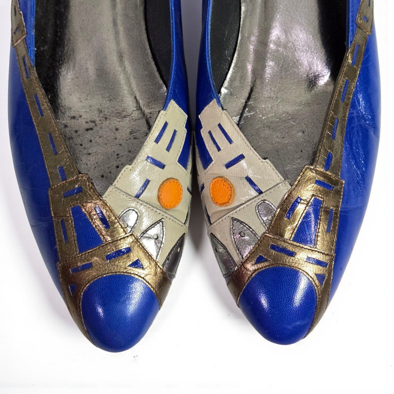 Vintage Margaret J Eiffel Tower Pumps Blue Leather Paris France Kitten Heel Almond Toe 8