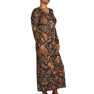 Peruvian Connection Floral Tapestry Jacquard Sweater Dress Black Cotton Knit Print Long Sleeves Midi Small
