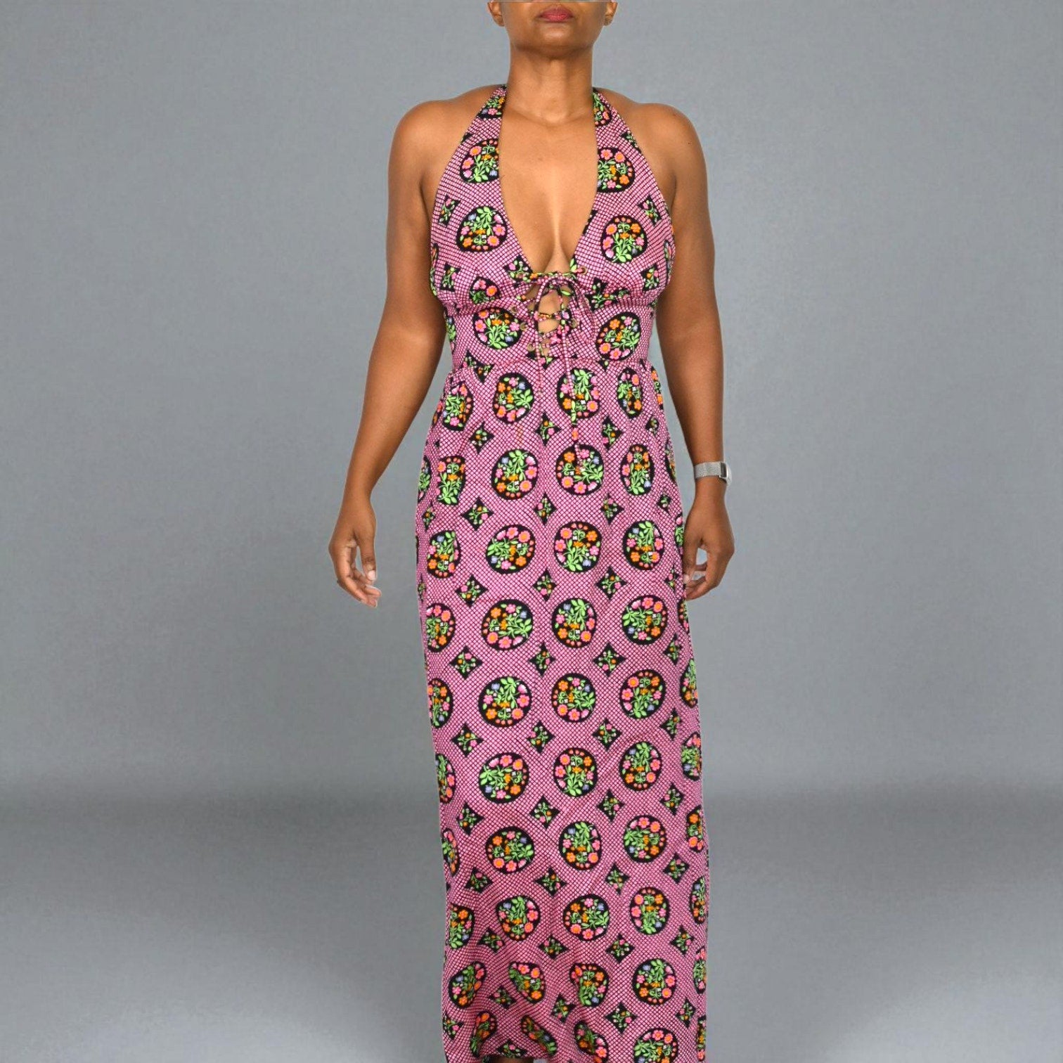 Vintage Beach Mates Halter Maxi Dress Pink Acrylic Floral Print Check Garden 70s Coverup Hippie Small
