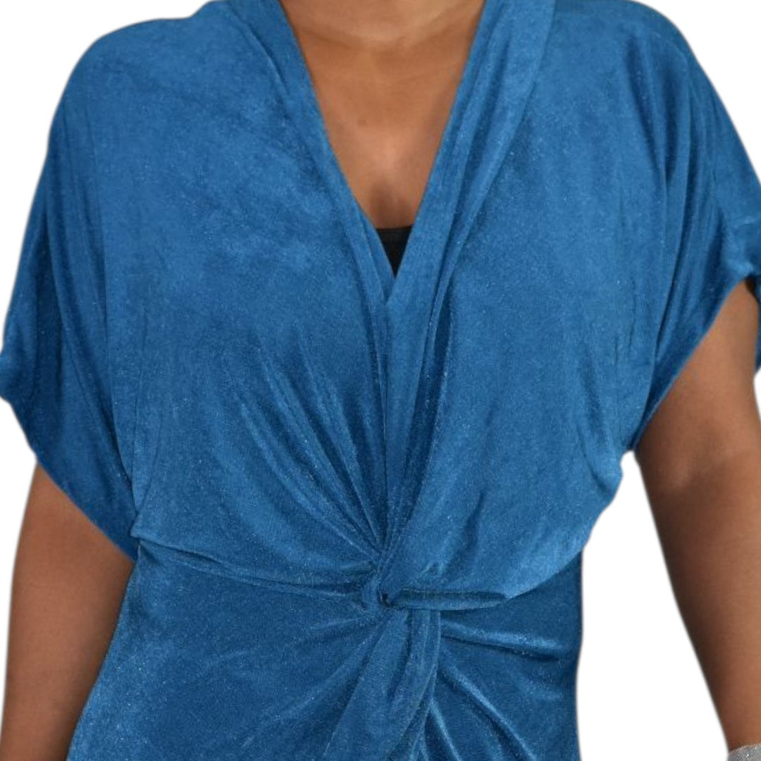 Floerns Dress Teal Blue Jersey Midi Ruched Knot Front Slit Shimmer Stretch Draped XL