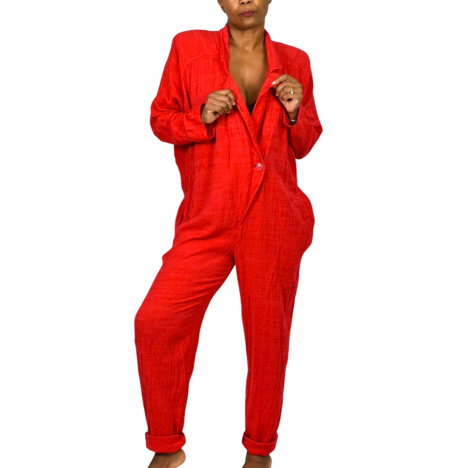 Vintage Arthur Max Blazer Jumpsuit Red One Piece Cotton Gauze Baggy Relaxed 90s Large